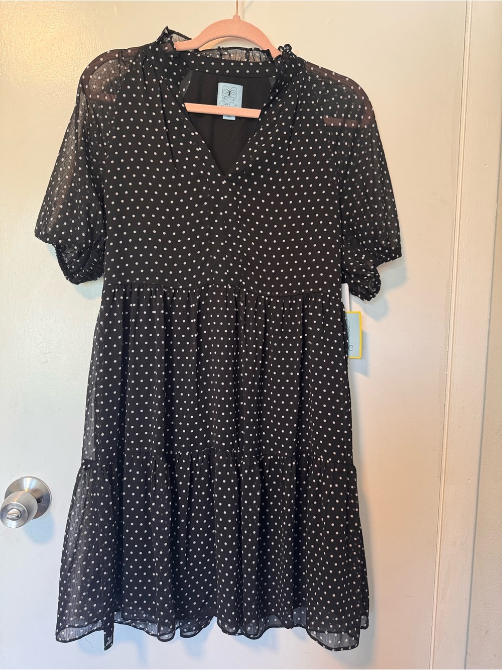 CeCe Black and White Polka Dot Short Sleeve Tiered Mini Dress
